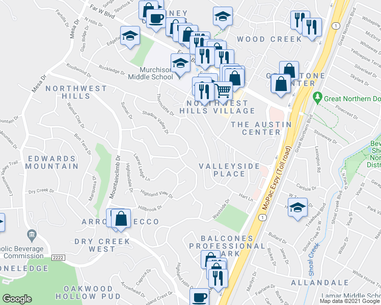 map of restaurants, bars, coffee shops, grocery stores, and more near 6109 Shadow Valley Drive in Austin