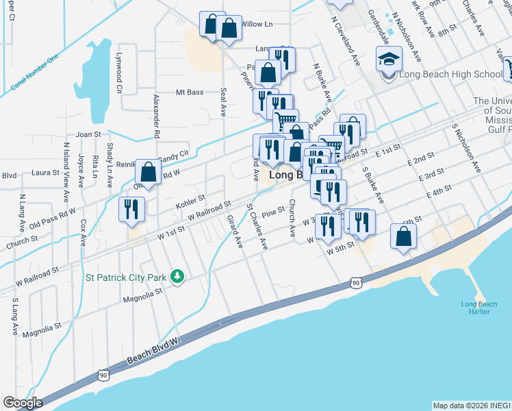 map of restaurants, bars, coffee shops, grocery stores, and more near 300 West Railroad Street in Long Beach