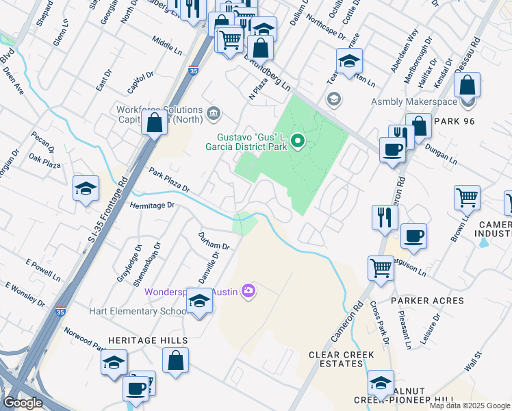 map of restaurants, bars, coffee shops, grocery stores, and more near 1088 Park Plaza Drive in Austin