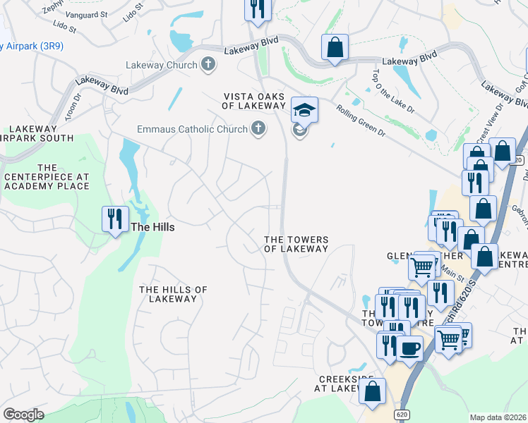 map of restaurants, bars, coffee shops, grocery stores, and more near 3 Wingreen Loop in The Hills