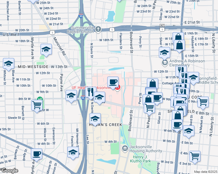 map of restaurants, bars, coffee shops, grocery stores, and more near 655 West 8th Street in Jacksonville