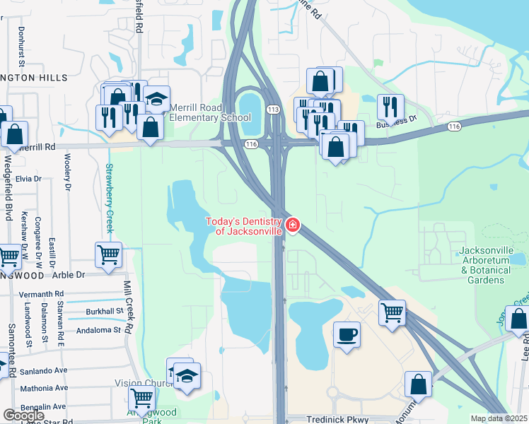 map of restaurants, bars, coffee shops, grocery stores, and more near 9421 Greenwood Avenue in Jacksonville