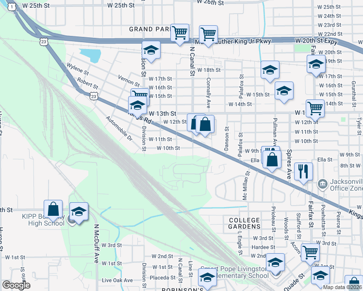 map of restaurants, bars, coffee shops, grocery stores, and more near 2216 Kings Road in Jacksonville