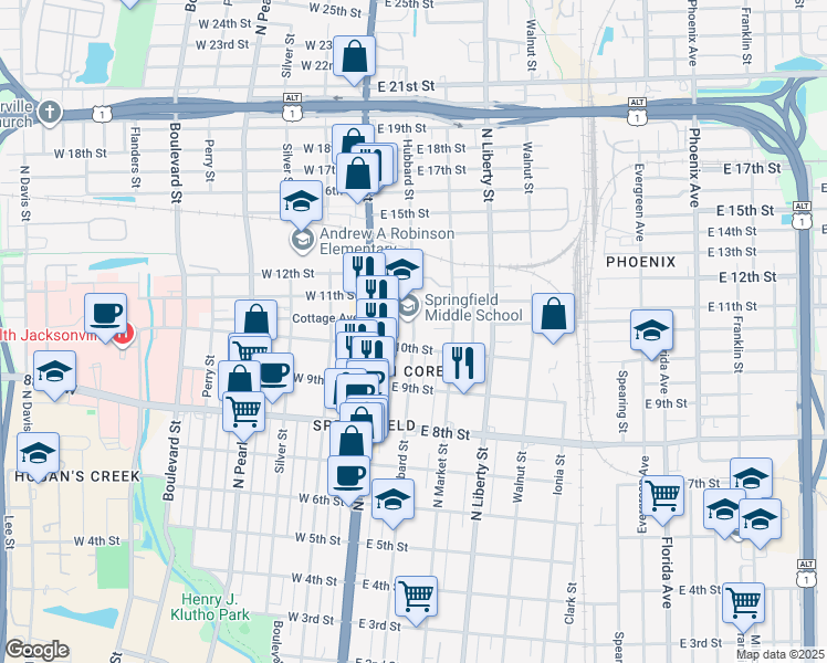 map of restaurants, bars, coffee shops, grocery stores, and more near 2034 Hubbard Street in Jacksonville