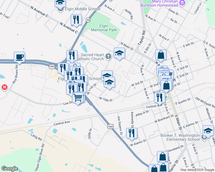 map of restaurants, bars, coffee shops, grocery stores, and more near 1002 West 2nd Street in Elgin