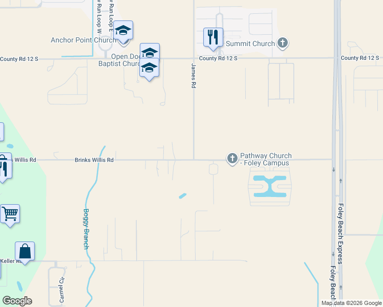 map of restaurants, bars, coffee shops, grocery stores, and more near 8500-8718 James Road in Foley