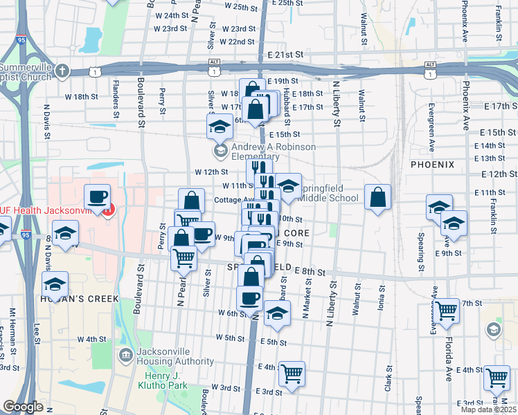 map of restaurants, bars, coffee shops, grocery stores, and more near 2062 North Main Street in Jacksonville