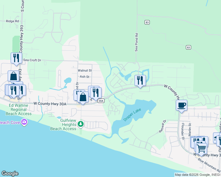 map of restaurants, bars, coffee shops, grocery stores, and more near 117 Okeechobee West in Santa Rosa Beach