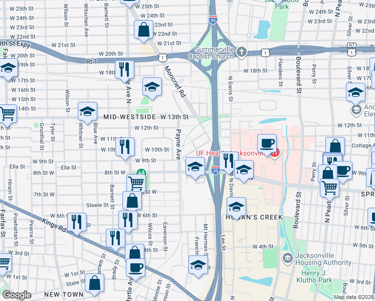 map of restaurants, bars, coffee shops, grocery stores, and more near 2056 Mount Herman Street in Jacksonville