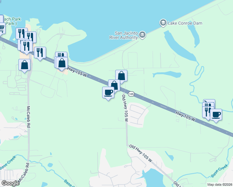 map of restaurants, bars, coffee shops, grocery stores, and more near 13786-B Texas 105 in Conroe