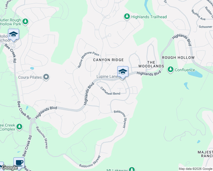 map of restaurants, bars, coffee shops, grocery stores, and more near 105 Beneteau Drive in Austin