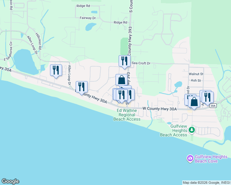 map of restaurants, bars, coffee shops, grocery stores, and more near 29 West Henry Court in Santa Rosa Beach