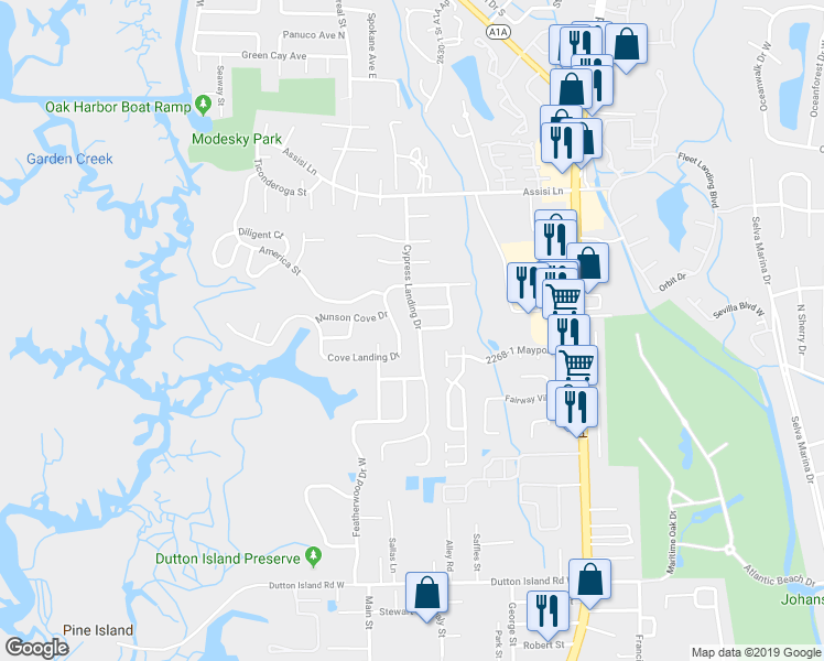 map of restaurants, bars, coffee shops, grocery stores, and more near 2254 Cypress Landing Drive in Atlantic Beach