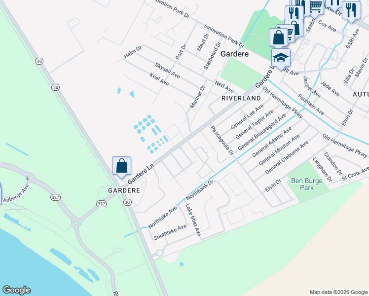 map of restaurants, bars, coffee shops, grocery stores, and more near 2850 Gardere Lane in Baton Rouge