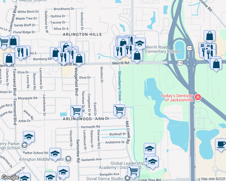 map of restaurants, bars, coffee shops, grocery stores, and more near 7920 Merrill Road in Jacksonville