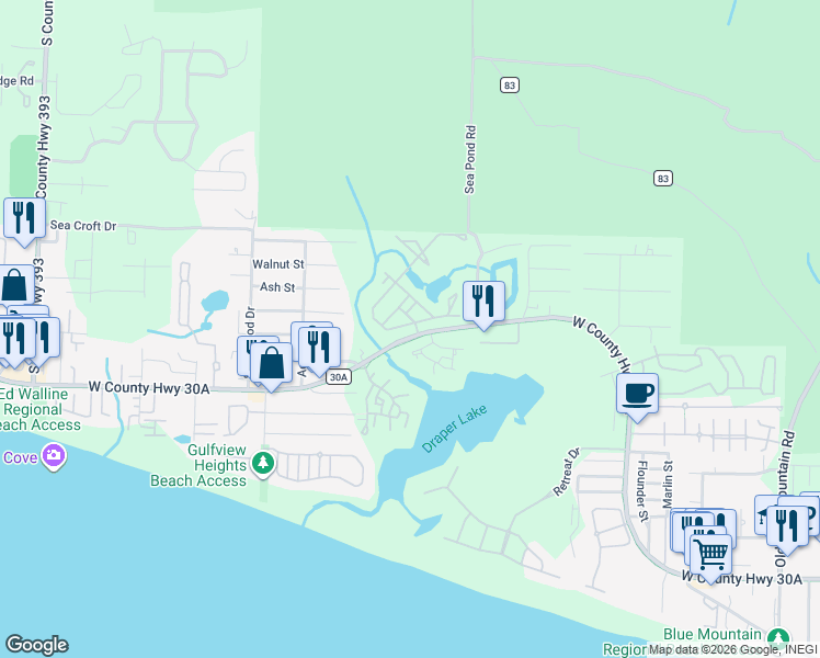 map of restaurants, bars, coffee shops, grocery stores, and more near 69 Talquin in Santa Rosa Beach