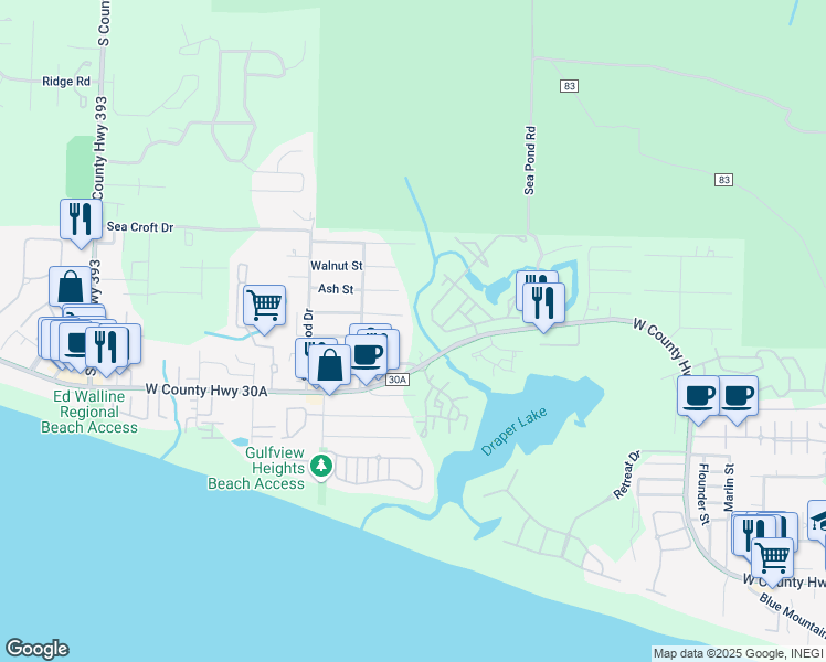 map of restaurants, bars, coffee shops, grocery stores, and more near 117 Okeechobee West in Santa Rosa Beach