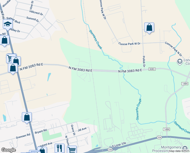 map of restaurants, bars, coffee shops, grocery stores, and more near 256 North Farm to Market 3083 Road East in Conroe