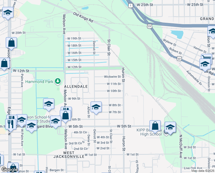 map of restaurants, bars, coffee shops, grocery stores, and more near 2929 West 11th Street in Jacksonville