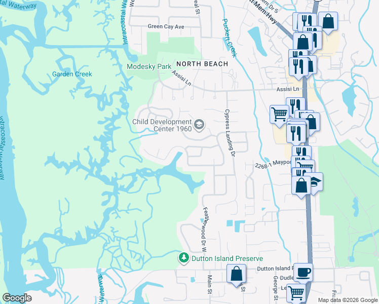 map of restaurants, bars, coffee shops, grocery stores, and more near 1427 Cove Landing Drive in Atlantic Beach