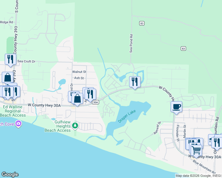 map of restaurants, bars, coffee shops, grocery stores, and more near 69 Talquin in Santa Rosa Beach