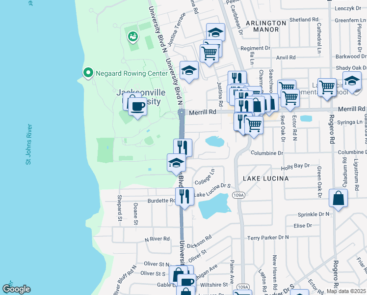 map of restaurants, bars, coffee shops, grocery stores, and more near in Duval County