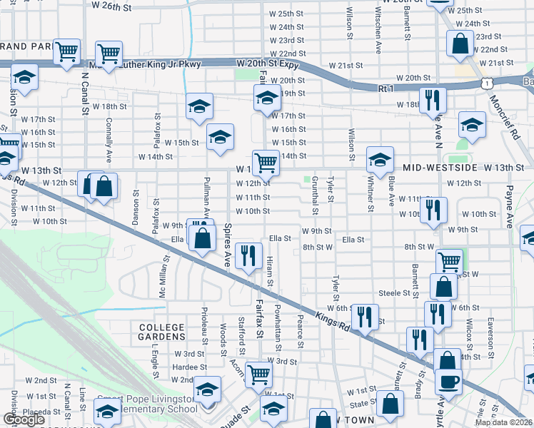 map of restaurants, bars, coffee shops, grocery stores, and more near 1755 West 10th Street in Jacksonville