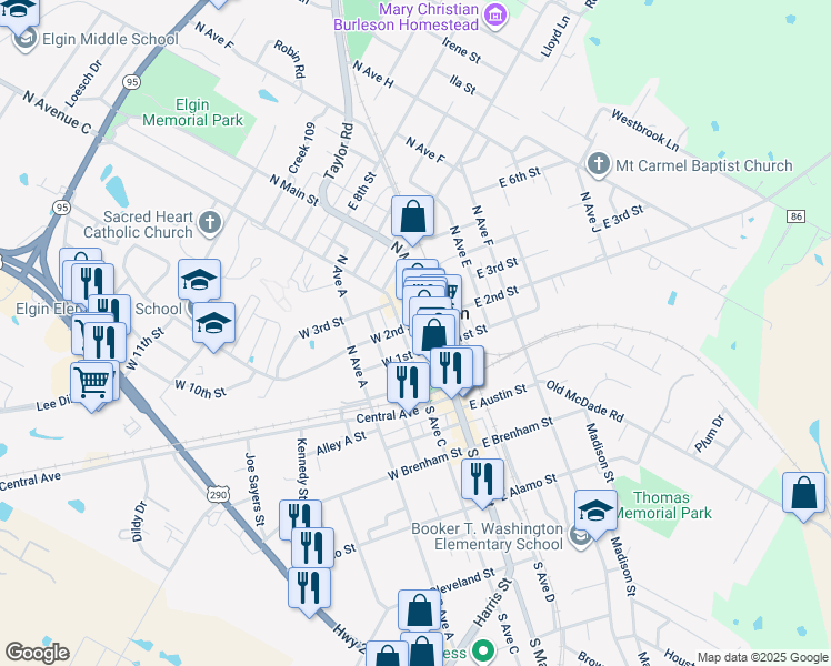 map of restaurants, bars, coffee shops, grocery stores, and more near in Elgin