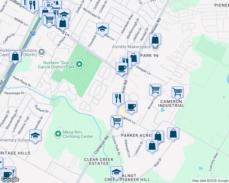 map of restaurants, bars, coffee shops, grocery stores, and more near 9210 Cameron Rd in Austin
