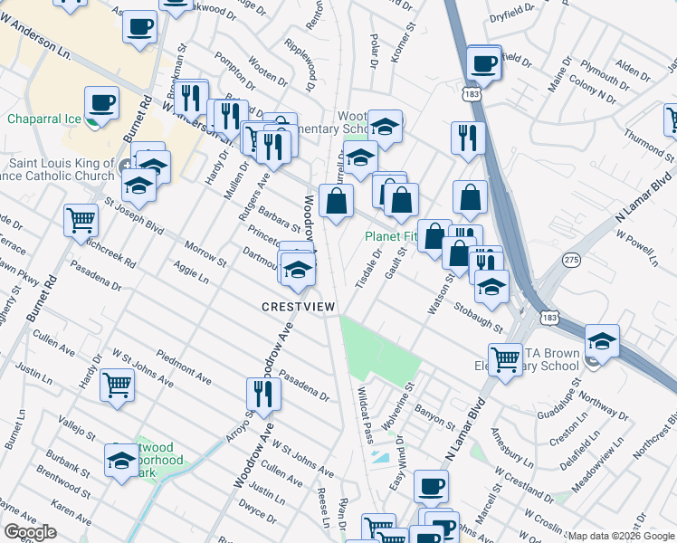 map of restaurants, bars, coffee shops, grocery stores, and more near 7706 Robalo Road in Austin