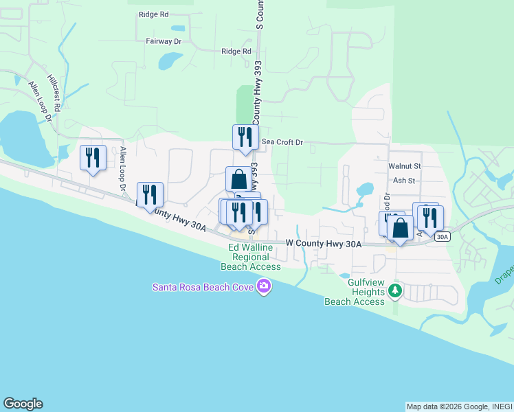 map of restaurants, bars, coffee shops, grocery stores, and more near 45 Abbey Road in Santa Rosa Beach