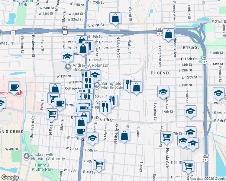 map of restaurants, bars, coffee shops, grocery stores, and more near 2065 Redwing Street in Jacksonville