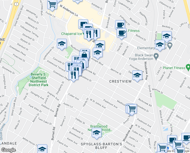 map of restaurants, bars, coffee shops, grocery stores, and more near 2007 Richcreek Road in Austin
