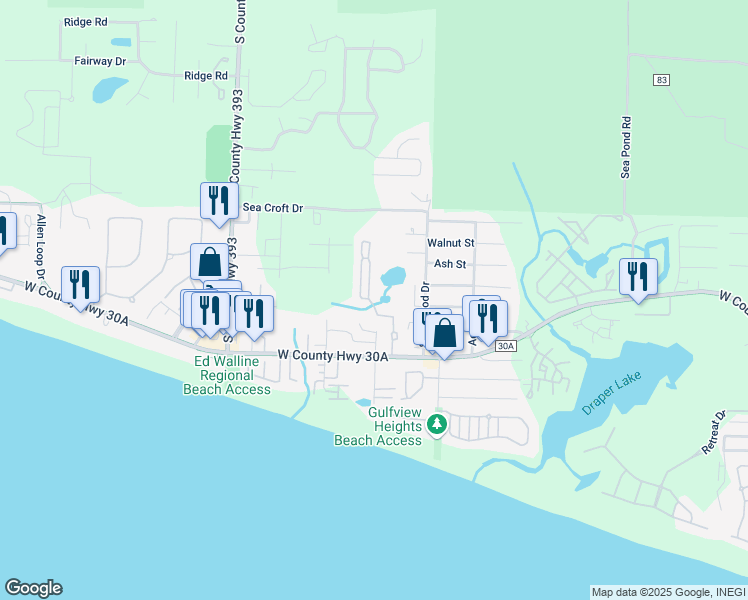 map of restaurants, bars, coffee shops, grocery stores, and more near 474 Hidden Lake Way in Santa Rosa Beach
