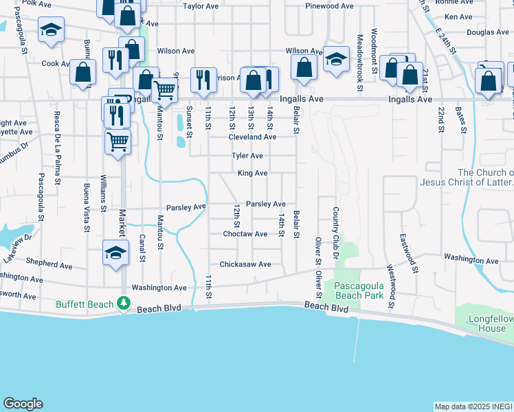 map of restaurants, bars, coffee shops, grocery stores, and more near 1111 13th Street in Pascagoula