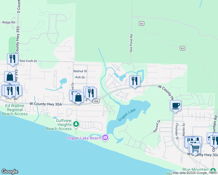 map of restaurants, bars, coffee shops, grocery stores, and more near 76 Okeechobee West in Santa Rosa Beach