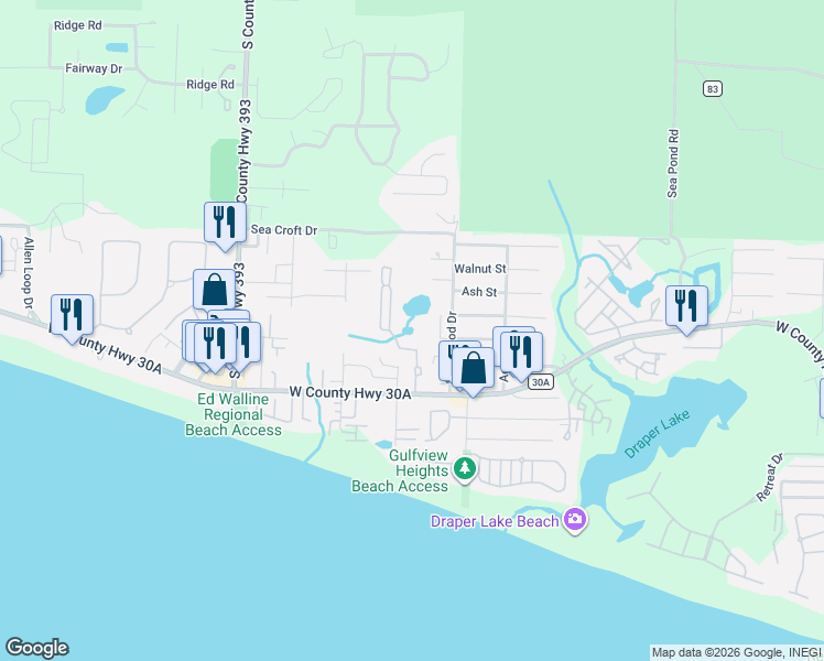 map of restaurants, bars, coffee shops, grocery stores, and more near 112 Hidden Lake Way in Santa Rosa Beach