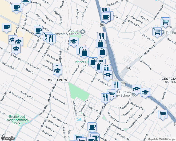 map of restaurants, bars, coffee shops, grocery stores, and more near 1202 Stobaugh Street in Austin