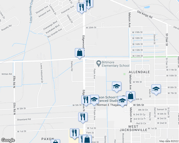 map of restaurants, bars, coffee shops, grocery stores, and more near 3527 Hibiscus Street in Jacksonville