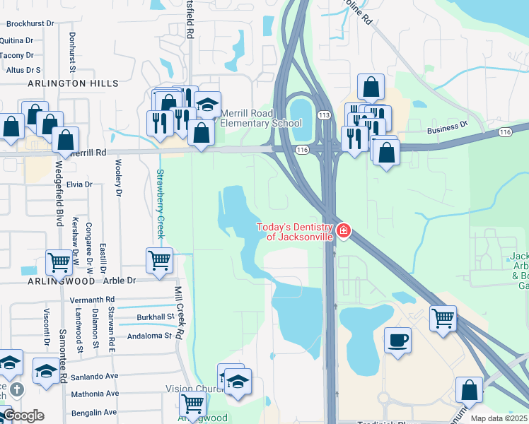 map of restaurants, bars, coffee shops, grocery stores, and more near 2586 Sunrise Ridge Lane in Jacksonville