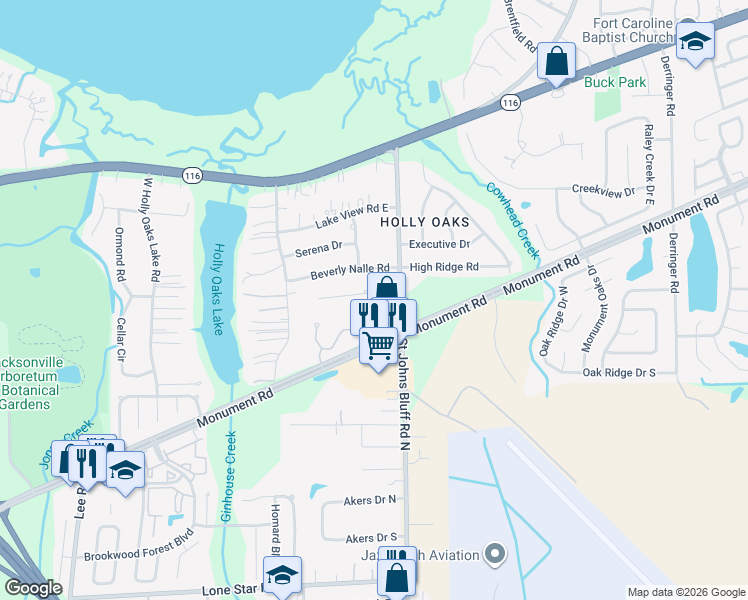 map of restaurants, bars, coffee shops, grocery stores, and more near 10637 Hemming Road in Jacksonville