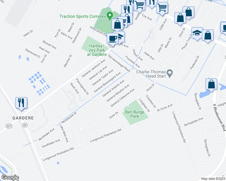 map of restaurants, bars, coffee shops, grocery stores, and more near 2027 General Adams Avenue in Baton Rouge