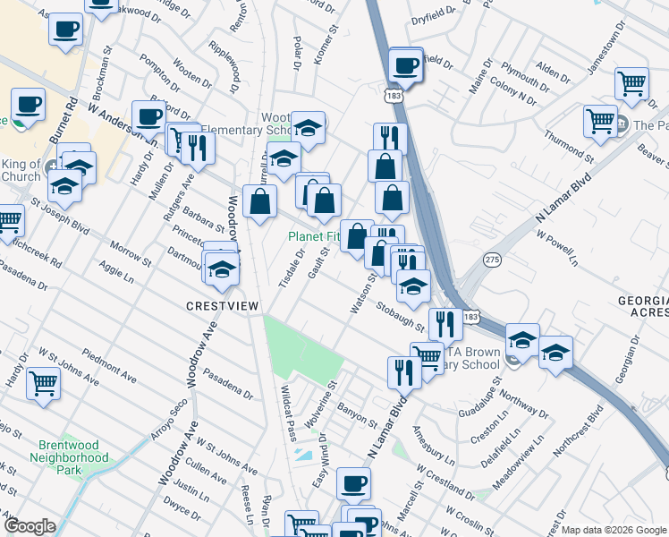 map of restaurants, bars, coffee shops, grocery stores, and more near 1206 Stobaugh Street in Austin
