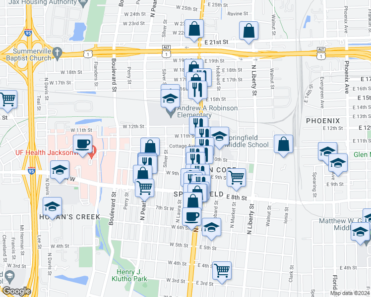 map of restaurants, bars, coffee shops, grocery stores, and more near 2048 North Laura Street in Jacksonville