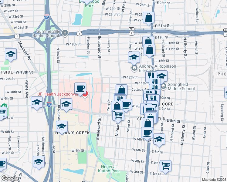 map of restaurants, bars, coffee shops, grocery stores, and more near 403 West 10th Street in Jacksonville
