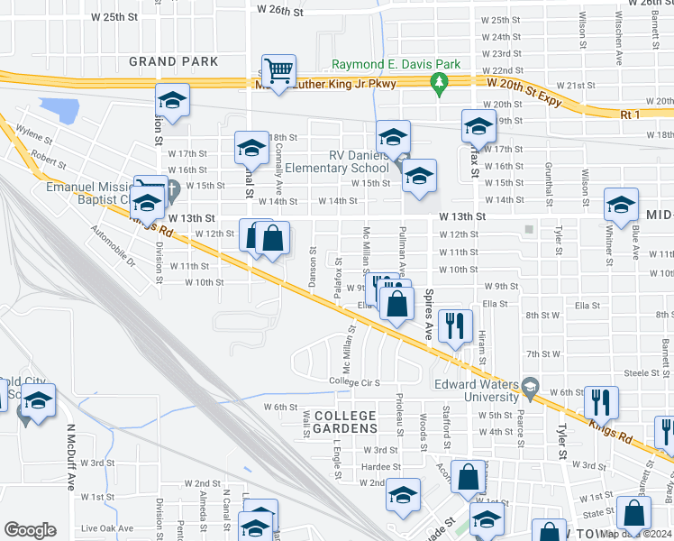 map of restaurants, bars, coffee shops, grocery stores, and more near 2020 Palafox Street in Jacksonville