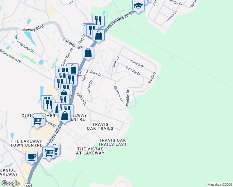 map of restaurants, bars, coffee shops, grocery stores, and more near 1205 Sparrow Lane in Lakeway