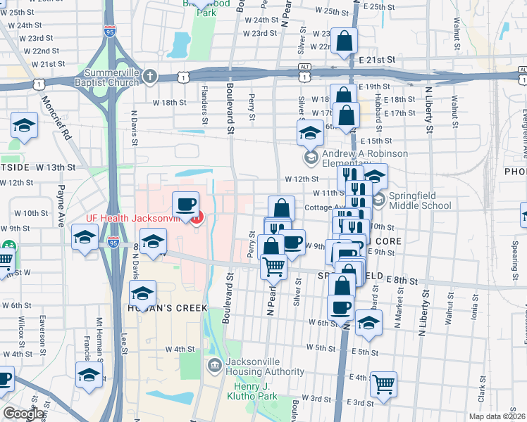 map of restaurants, bars, coffee shops, grocery stores, and more near 403 West 10th Street in Jacksonville