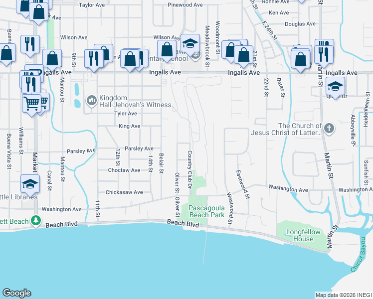 map of restaurants, bars, coffee shops, grocery stores, and more near 1114 Oliver Street in Pascagoula