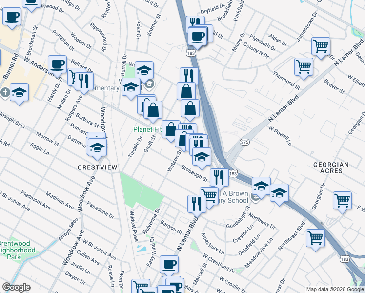 map of restaurants, bars, coffee shops, grocery stores, and more near 1100 West Anderson Lane in Austin